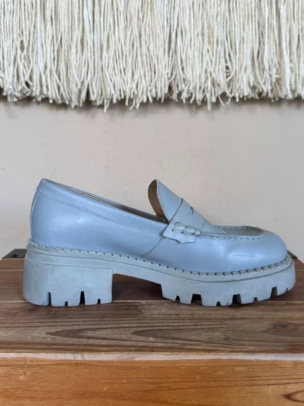 Free People Lyra Dusty Blue Genuine Leather Platform Lug Sole Loafer Size 8/38.5